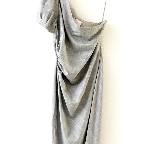 NWT Etsu Gray Plaid One Shoulder Dress 6 - Picture 2 of 8